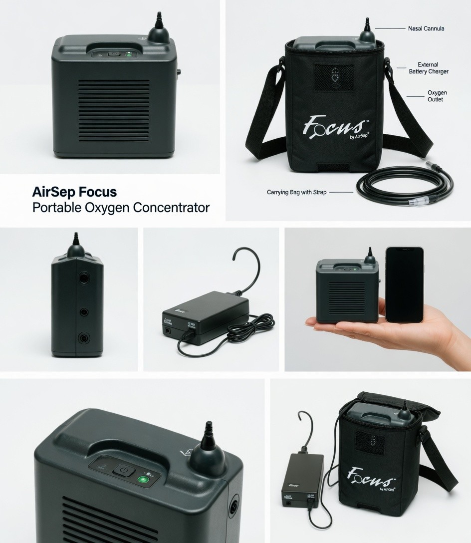AirSep Focus Portable Air System w/ Battery Charger Compact Travel Unit